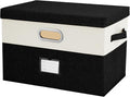 Large Linen Fabric Foldable Storage Bins with Removable Lid and Handles, Washable Storage Box Organizer Containers Baskets Cube with Cover for Bedroom,Office(Black&Cream, Large)