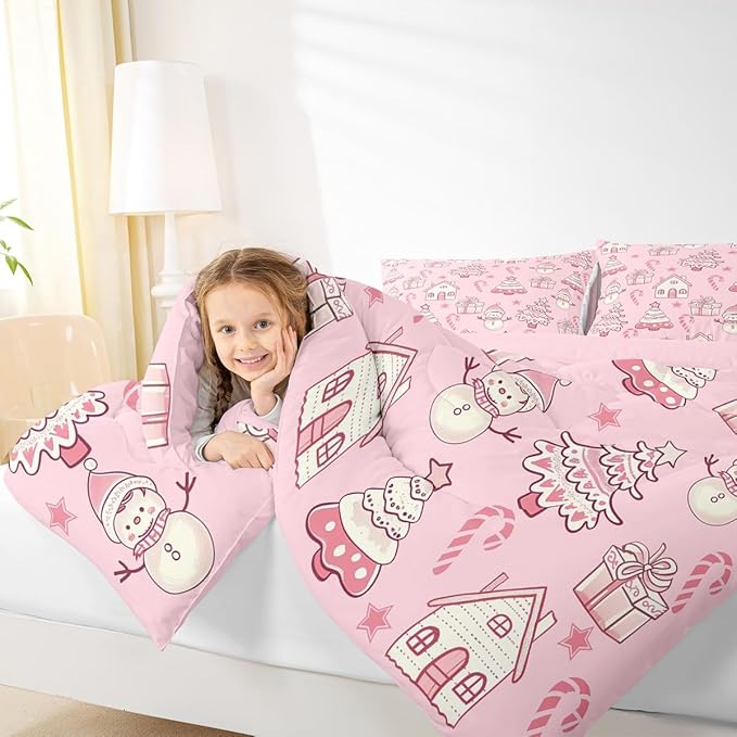 Feelyou Pink Christmas Comforter Set Toddler Size Xmas Tree Snowman Bedding Set for Kids Boys Girls Star Gift Duvet Quilt Candy Cane Bedroom Decor Microfiber 2 Pcs with 1 Pillow Cases