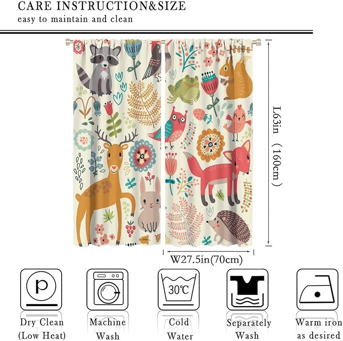 Kids Baby Woodland Blackout Curtains,Forest Animals Plants Cartoon Funny Colorful Deer Fox Owl Pattern Thermal Insulation Window Drapes for Boys Girls Children's Bedroom 55x63in