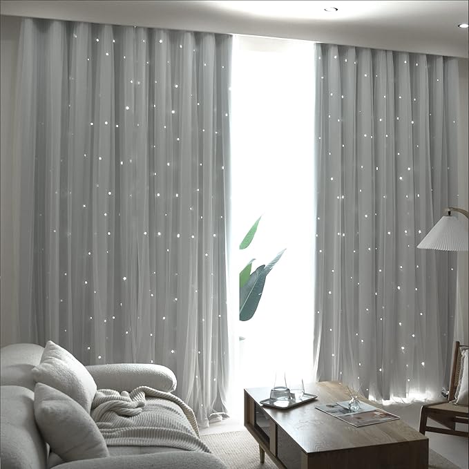 Kinryb Kids Star Cutout Curtains for Bedroom/Living Room/Classroom,2 Free Tiebacks Sheer Overlay 2 Panel Set, Double Layer Curtains for Kids Room(Each Piece W70 x L95 Inches 2 Pcs Greyish White)