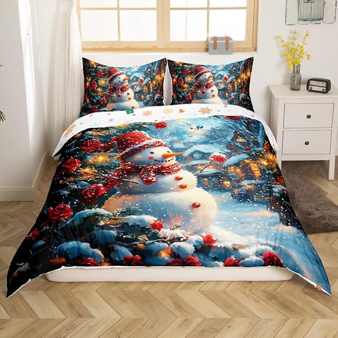 Manfei Christmas Kids Duvet Cover Set Queen Size, Cute Snowman Red Flower Bedding Set for Boys Girls Adults, New Year Winter Comforter Cover, Soft Polyester Quilt Cover, 2 Pillowcases, No Comforter