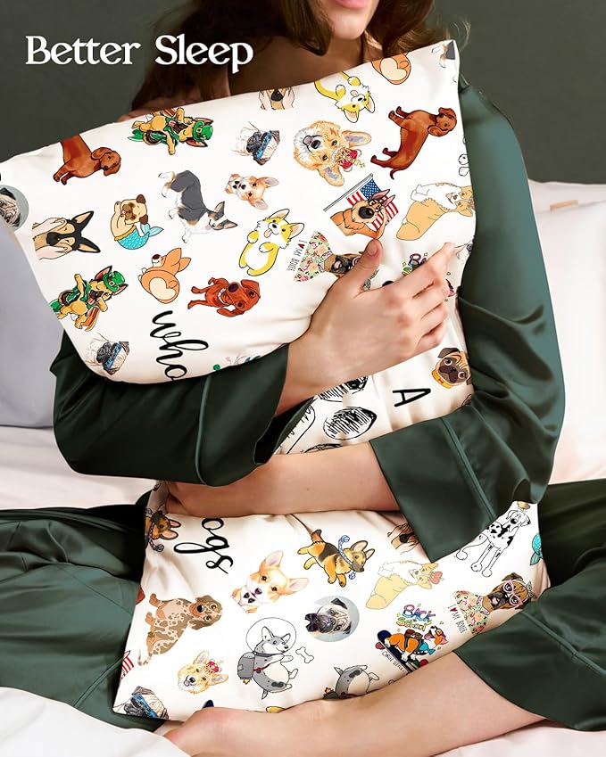 Silk Pillowcase 2 Pack - Cute Pillow Cases 20" x 26" Standard Size Set of 2 for Hair and Skin Smooth Soft Breathable with Hidden Zipper Cooling Pillow Covers for Sleeping, Little Puppy