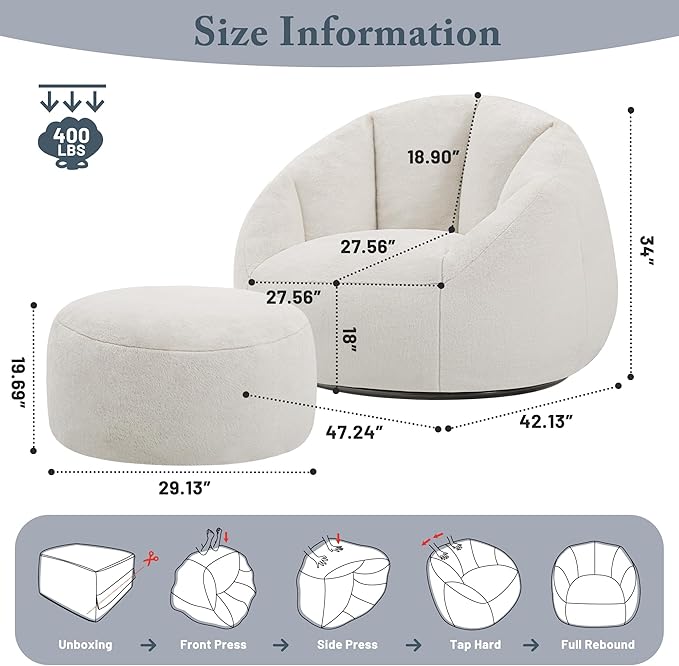 Giant Bean Bag Swivel Chair for Adults with Ottoman - Comfy Plush Round Shell Soft Accent Chaise Lounge Indoor Chair, Oversized Cozy Floor Sofa for Living Room, Bedroom & Game Rooms, Beige