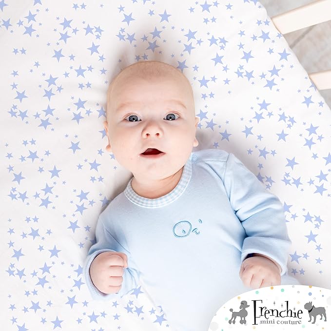 Frenchie Mini Couture Bassinet Sheets, 100% Cotton, Blue Stars, 15 x 33in, 2-Pack