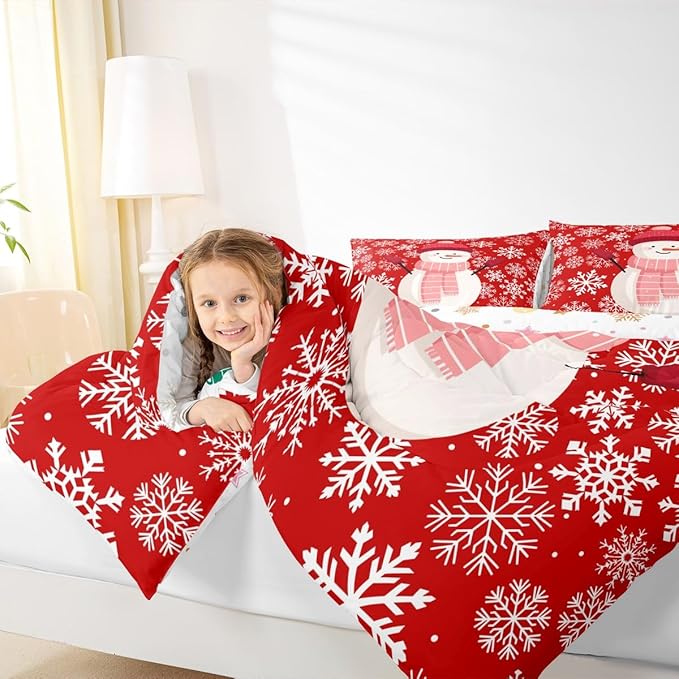Feelyou Christmas Comforter Set All Season Snowman Red Bedding Set with 2 Pillow Cases Xmas Snowflakes Microfiber Kids Queen Bedclothes Winter Snow Bedroom Decor Duvet Quilt Breathable Soft