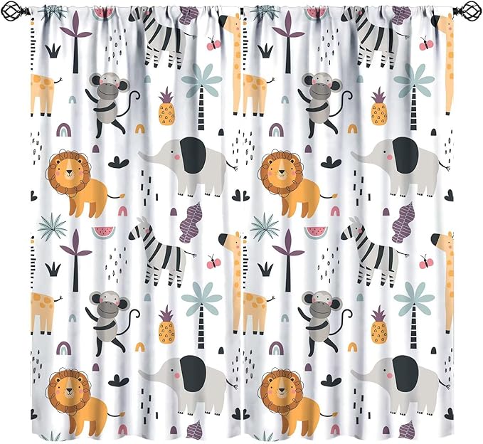 Cute Cartoon Animals Curtains Tropical Jungle Animals Elephant Giraffe Monkey Lion Modern Abstract Aesthetics for Kids Boys Bedroom Nursery Rod Pocket Decoration Window Drapes 2 Panels W21xL45in