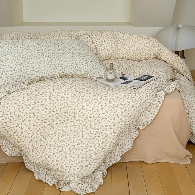 BuLuTu Muslin Duvet Cover for Queen Size Bed, Vintage Farmhouse Bedding Camellia Floral Quilt Cover with Ruffles, Soft Cotton Comforter Cover 90"x90", Zipper & Corner Ties, No Pillow