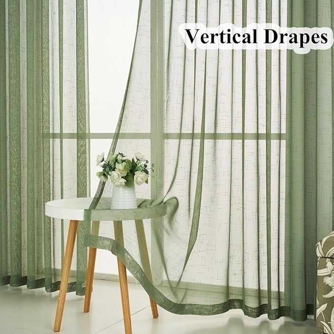 Sage Green Linen Look Pinch Pleated Sheer Curtains 108 Inches Long 2 Panels, 50 Inches Width, Rustic Textured Light Filtering Drapes, Elegant Floor to Ceiling Window Curtain with Hooks