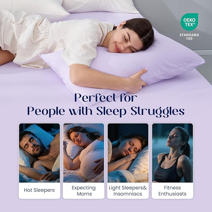 Dream Valley® Queen Sheet Set, Cooling Fitted Sheet with 2 Pillowcase-3 PCS with No Flat Sheet,Q-Max > 0.4 Aerocool, Cooling for Night Sweats, Hot Sleepers,deep Pocket up to 15",Lavender Fog