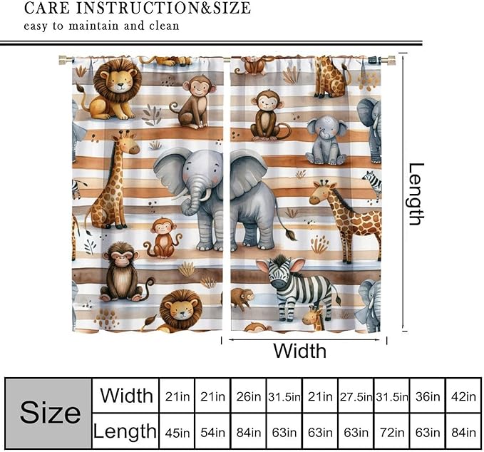 Kids Animal Curtains Elephants Giraffes Monkeys Lions Zebras Window Treatment for Kids Boys Girls Nursery Baby Bedroom Playroom Home Decor Window Drapes 42" W X 45" L