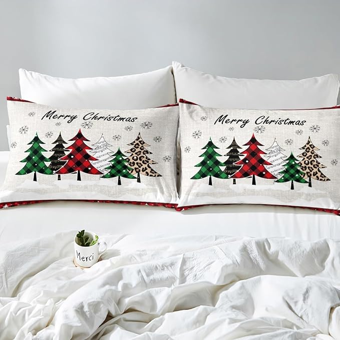 Xmas Trees Duvet Cover Set Queen Size, Merry Christmas Bedding Set 3pcs for Kids Boys Girls, Pine Trees Snowflake Deers Comforter Cover Soft Polyester Quilt Cover with 2 Pillowcases,No Comforter