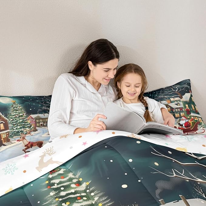 Feelyou Christmas Kids Comforter Set Queen Size Santa Claus Bedding Set Reindeer Sled Duvet Quilt for Kids Boys Girls Bedroom Xmas Tree Decor Microfiber Ultra Soft Breathable