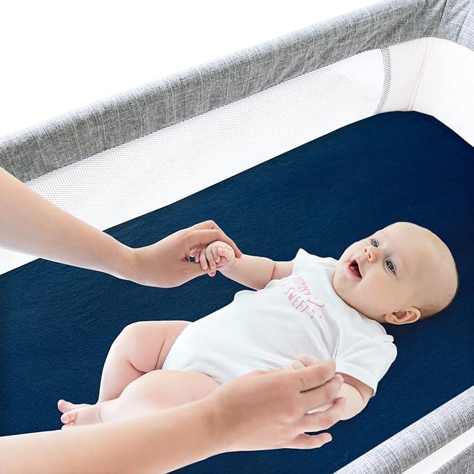 Bassinet Sheets Fit for AirClub, AMKE 3 in 1 Bassinet, Newton, Larex and Bellababy Bassinet Bedside Sleeper, 100% Cotton, 2 Pack, Ultra Soft Bassinet Sheet, Gray and Navy Blue