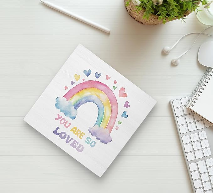 Ku-Dayi Boho Rainbow Wooden Box Sign, Inspirational Wood Box Decorative Accessories for Girls Kids Nursery Bedroom Room Playroom, You Are So Loved Wooden Block Plaque Desk Shelf Decor 5x5 Inch