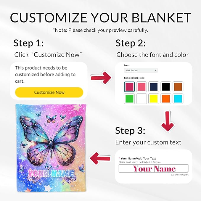 Personalized Butterfly Blanket for Girls - 30 x 40 Inches Soft Flannel Throw for Butterfly Lover - Kids Throw Blankets for Chair, Office