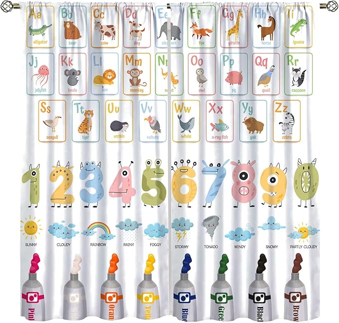 Alphabet Learning Curtain for Kids, Colorful Cartoon Animal Multiplication Table Educational, Classroom Child Printed Rod Pocket Blackout Window Drapes for Bedroom Living Room 63" W X 72" L