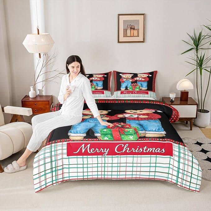 Feelyou Merry Christmas Bedding Set Soft for Boys Girls, Cute Bear Comforter Set Queen Size Duvet Quilt Microfiber Winter Bedroom Decor 3 Pcs with 2 Pillow Cases