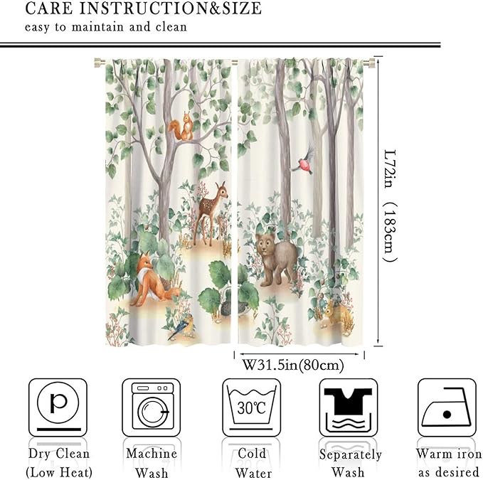 Forest Animal Curtains,Fox Elk Bird Animal Watercolor Woodland Print Curtains Kids Nursery Bedroom Living Room Home Decoration 63x72in