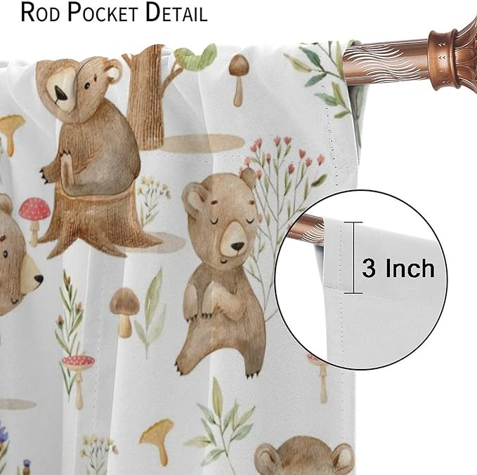 Forest Animal Curtains,Kids Home Bedroom Window Treatments, Cartoon Watercolor Bear Squirrel Woodland Animal Drapes 55x63in
