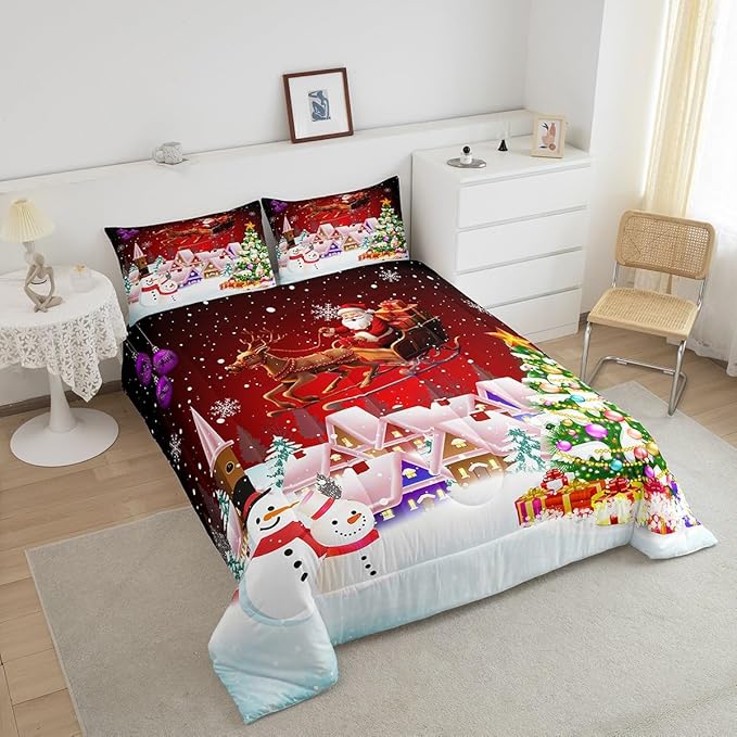 Manfei Christmas Comforter Set Full Size, Snowman Xmas Tree Bedding Set 3pcs for Kids Boys Girls Room Decor, Santa Claus with Reindeer Quilt Set New Year Theme Duvet Set with 2 Pillowcases
