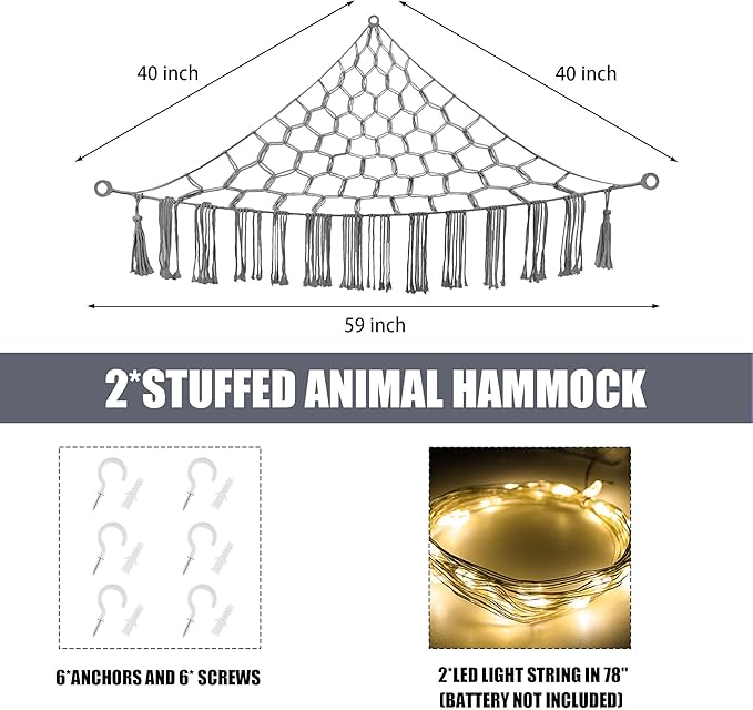 Stuffed Animal Hammock with LED Light, Large Stuffed Animals Storage Corner Plushie Net for Kids Room Decor, 2 Packs Grey