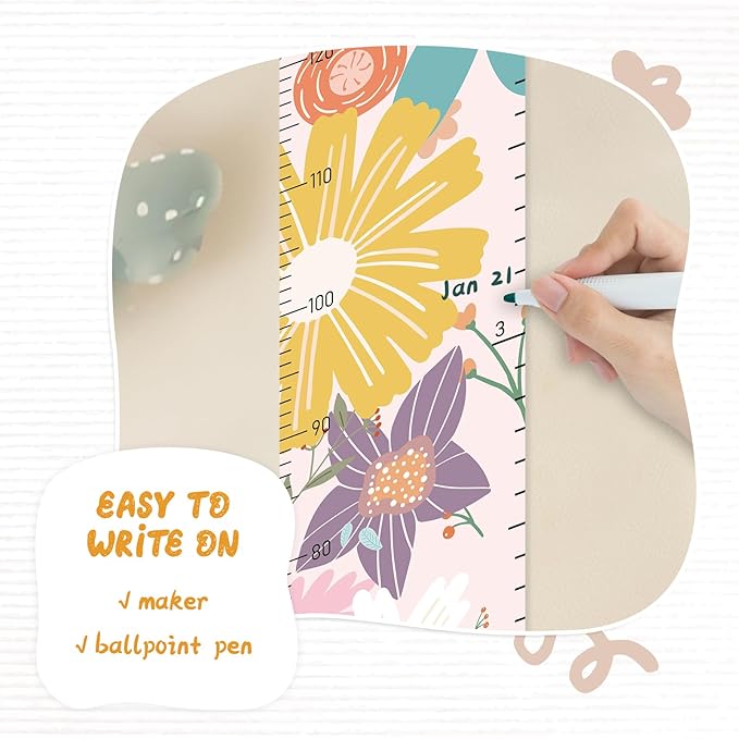 Personalized Name Growth Chart for Wall, Painted Flowers Canvas Height Chart for Kids Baby Child Toddler, Canvas Growth Chart for Wall Nursery Decor, Hangable & Waterproof