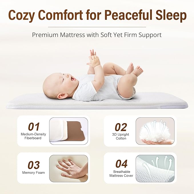 Baby Bassinet Bedside Sleeper 3-in-1, Easy Night Feeding with One-Side Fold & Rolling Wheels, Breathable Mesh, 6-Height Adjustable, Soft Mattress for Newborns