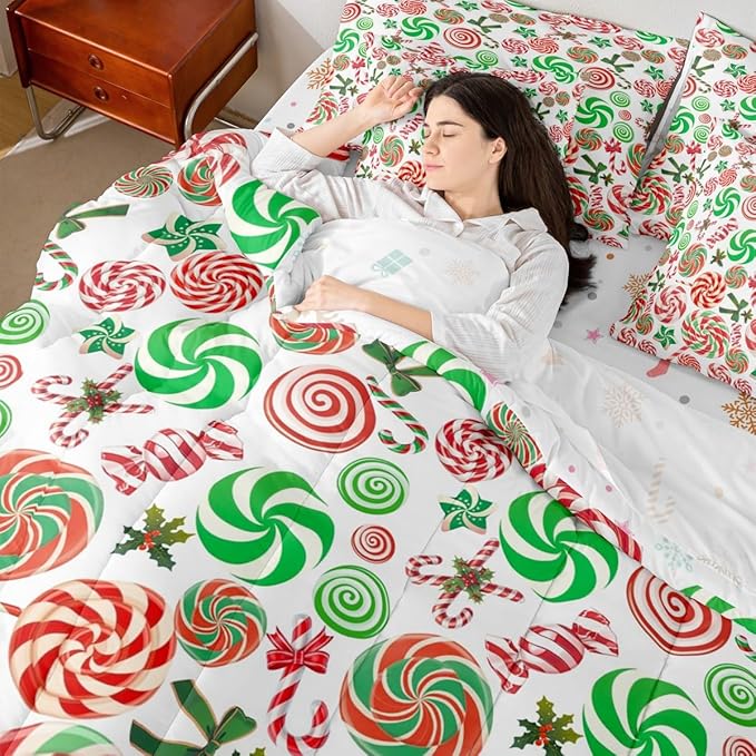 Christmas Candy Comforter Set With Sheets 7 Piece Queen Size Cute Bow Bed in a Bag Kids Boys Girls Red and Green Sweet Bedding Set Reversible Xmas Decor Bedroom Decor Breathable Soft Lightweight