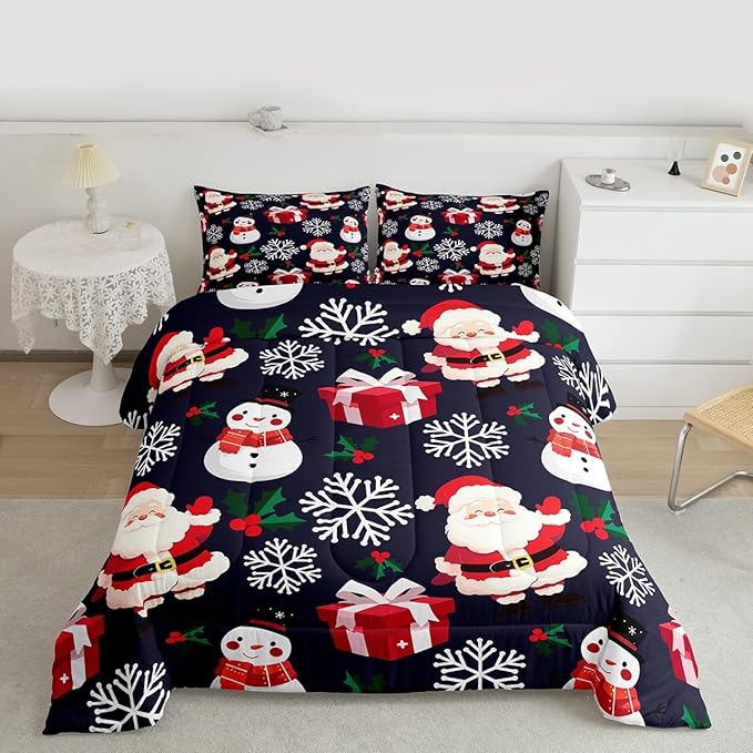 jejeloiu Merry Christmas Comforter Set King Size Xmas Santa Claus Bedding Set for Kids Boys Girls Cute Snowman Duvet Quilt Dark Blue Bedroom Decor