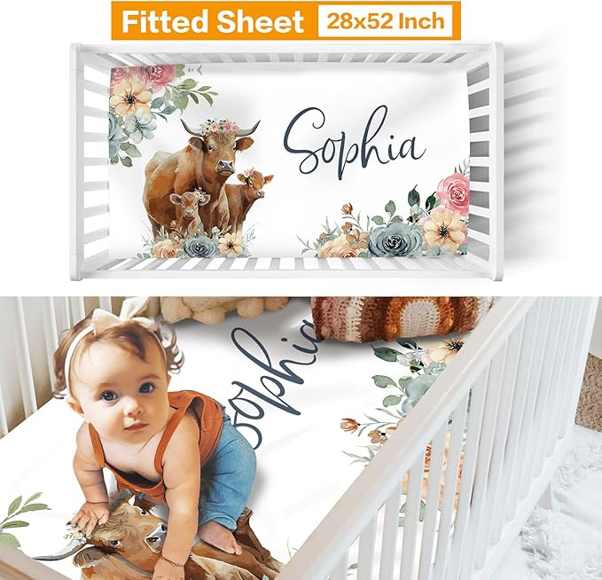 Custom Crib Bedding Set - Highland Cow Design Personalized Name Baby Nursery Bedding 3 Pcs Set - Chic Soft Blanket, Sheet, Pillowcase for Newborns Boys Girls Gifts Color26