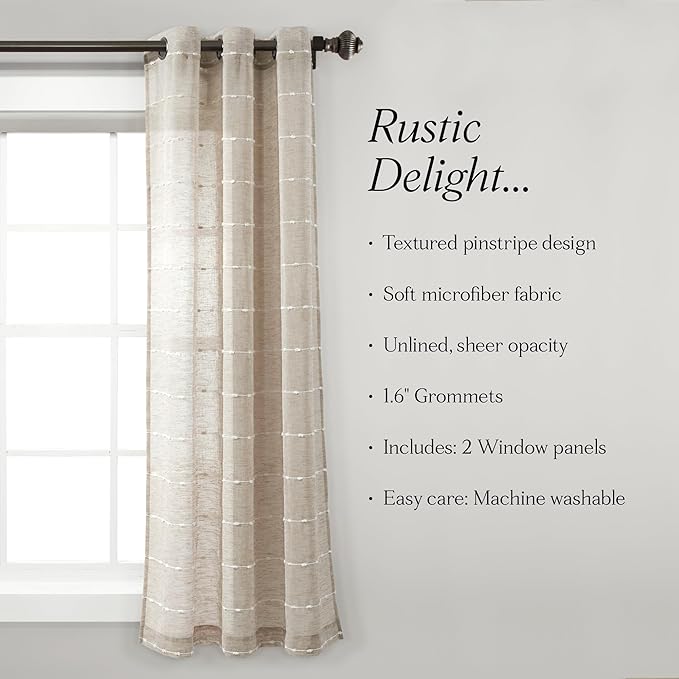 Lush Decor Farmhouse Textured Grommet Sheer Window Curtain Panel Pair, 38"W x 63"L, Neutral