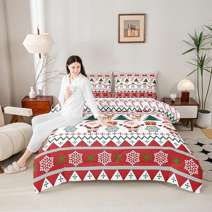 Feelyou Merry Christmas Comforter Set Twin Size Santa Claus Bedding Set for Kids Boys Girls Cute Deer Duvet Quilt Snowflake Bedroom Decor Microfiber 2 Pcs with 1 Pillow Cases