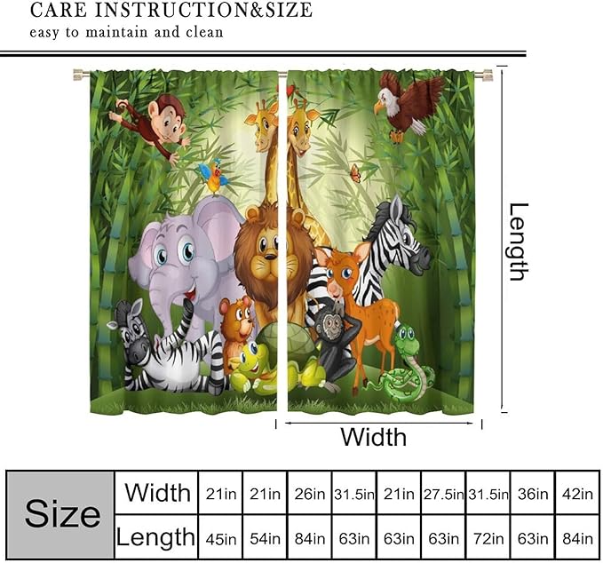 Cartoon Animal Curtains, Cute Animals Bamboo Forest Blackout Window Treatments, Rod Pocket Thermal Insulated Drapes 2 Panel Sets for Kids Room Nursery Classroom, 63" W X 72" L