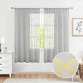 Jubilantex Grey Sheer Curtain with Gold Butterfly Pattern for Kids Room, Linen Textured Rustic Metallic Print 63 Inch Rod Pocket Window Drapes for Girls Bedroom Living Room, 2 Panels