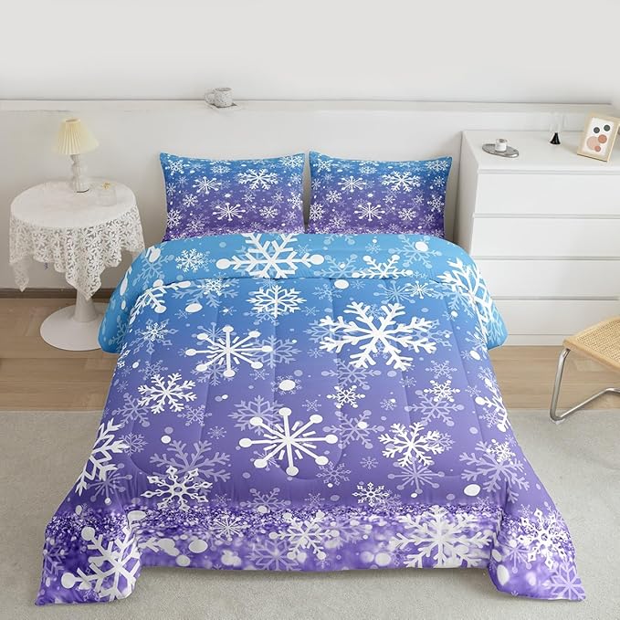 Feelyou Blue and Purple Snowflake Bedding Set Soft for Boys Girls, Winter Snowflake Comforter Set Toddler Size Christmas Duvet Quilt Holiday New Year Bedroom Decor 2 Pcs with 1 Pillow Cases