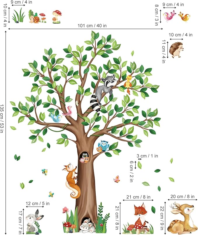 decalmile Woodland Animals Large Tree Wall Stickers Bear Fox Deer Wall Decals Baby Nursery Kids Bedroom Toddler Room Wall Decor (H:135cm/53Inches)