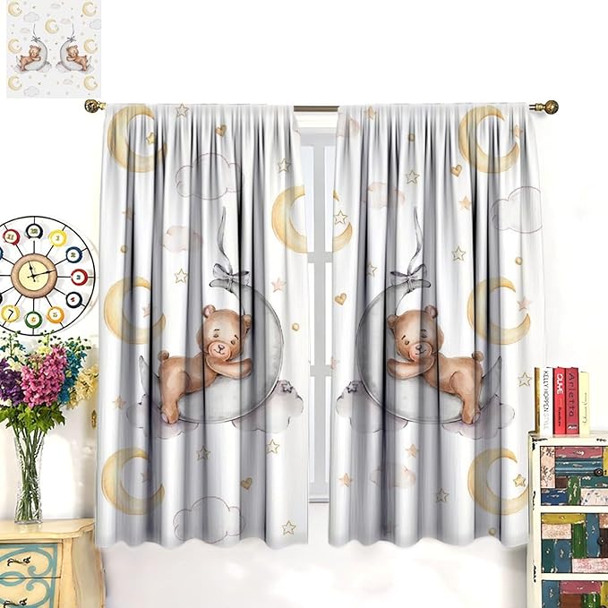 Cartoon Bear Curtains, Cartoon Watercolor Lovely Bear Moon Stars Printed Blackout Window Treatments, Rod Pocket Thermal Insulated Drapes 2 Panel Sets for Kids Bedroom Nursery Classroom, 72"W X 63"L