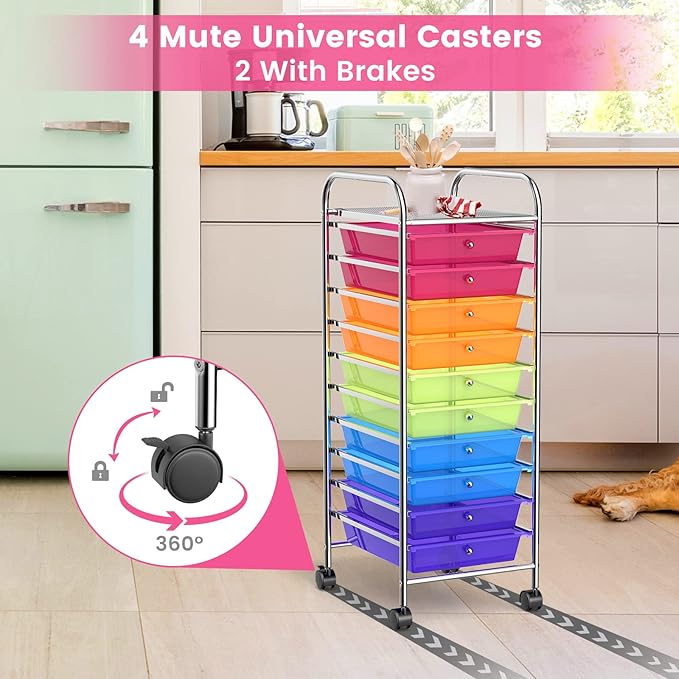 Storage Cart, Rolling Utility Cart with 10 Drawers, Portable Handles & Lockable Wheels, Mobile Paper Toys Storage Organizer Large Capacity for Home Office School Teacher (Rainbow)