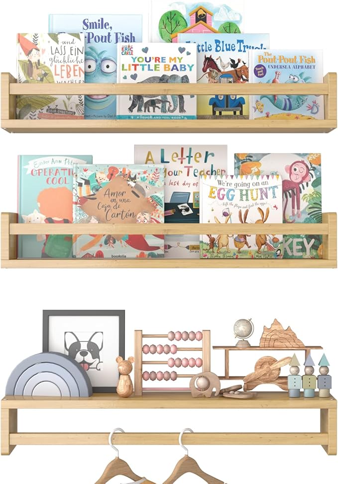 Floating Nursery Book Shelves for Wall, 15.7 Inch Nature Solid Wood Wall Mounted Bookshelf Set of 3, Hanging Bookshelves for Kids Room, Bedroom Nursery Decor and Book Storage (Wood)