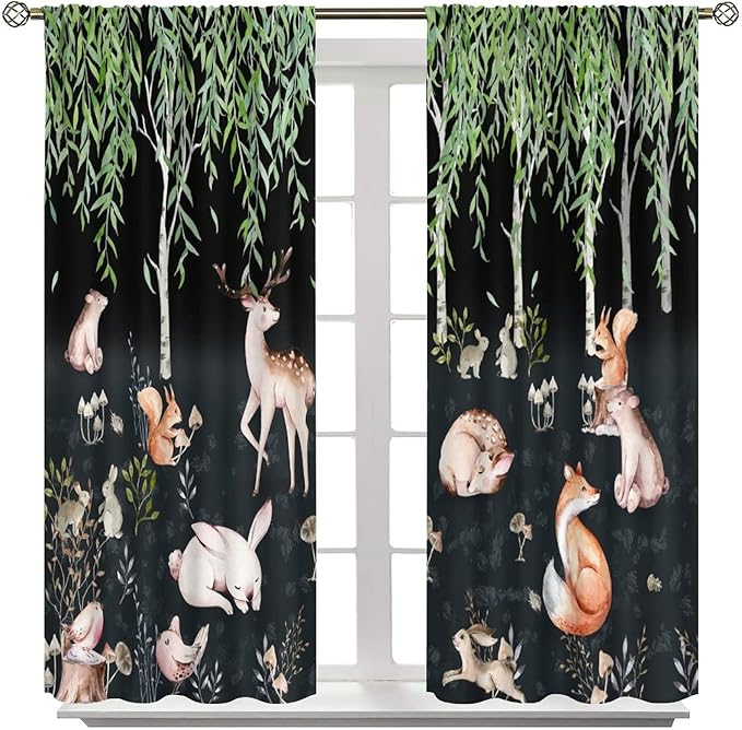 Forest Animal Curtains, Watercolor Cartoon Woodland Plants Animals Bears Moose Mushrooms Printed Curtains for Kids Boys and Girls Bedroom Window Drapes 63x63in
