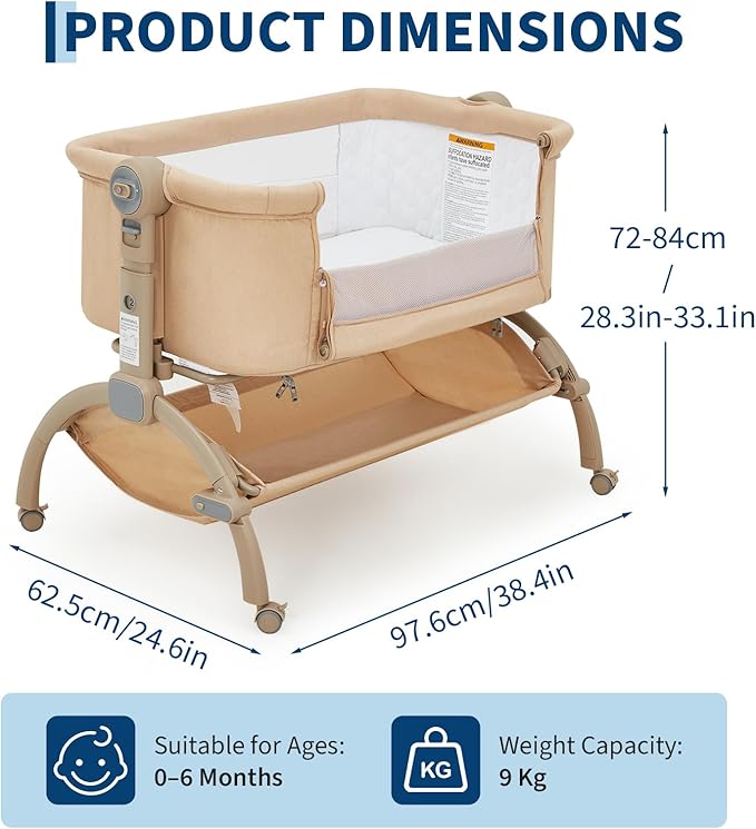 Bedside Bassinet Baby Bassinet for Baby, 3 in 1 Bedside Sleeper with Baby Co-Sleeper Travel Crib with Detachable Mosquito Net & Storage Basket | Adjustable Height, Wheels Included (Khaki)