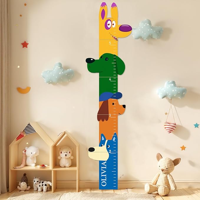 Personalized Name Growth Chart for Wall, Big Ear Dog Wood Height Chart for Kids, Height Measurement Growth Measuring Ruler, Thoughtful Birthday Gift for Boys and Girls