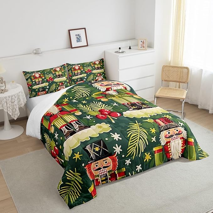 Christmas Cartoon Soldier Comforter Set Twin Size,Christmas Leaves Snowflake Bedding Set for Kids Boys Girls Room Decor,Xmas Abstract Art Quilt Set 2Pcs,Polka Dot Green Duvet Insert,1 Pillowcase