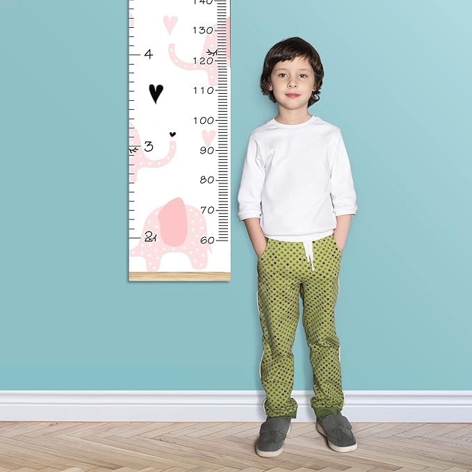 Personalized Kids Name Growth Chart Ruler for Wall Wood Frame Height Measure Chart 13.4x56 in Linen Hanging Height Growth Chart Pink Elephant Kids Room Decor