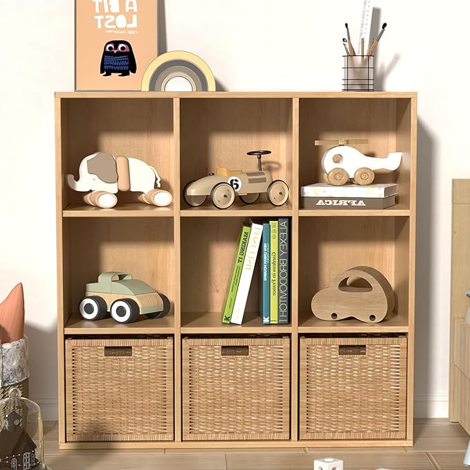 Wooden 9 Cube Storage Organizer with Closed Back Panel, Cube Shelf Heavy Duty Cubby Storage Organizer with Compartments for Living,Display Shelf,Bookshelf,Storage Furniture (Oak, 9-Cube)
