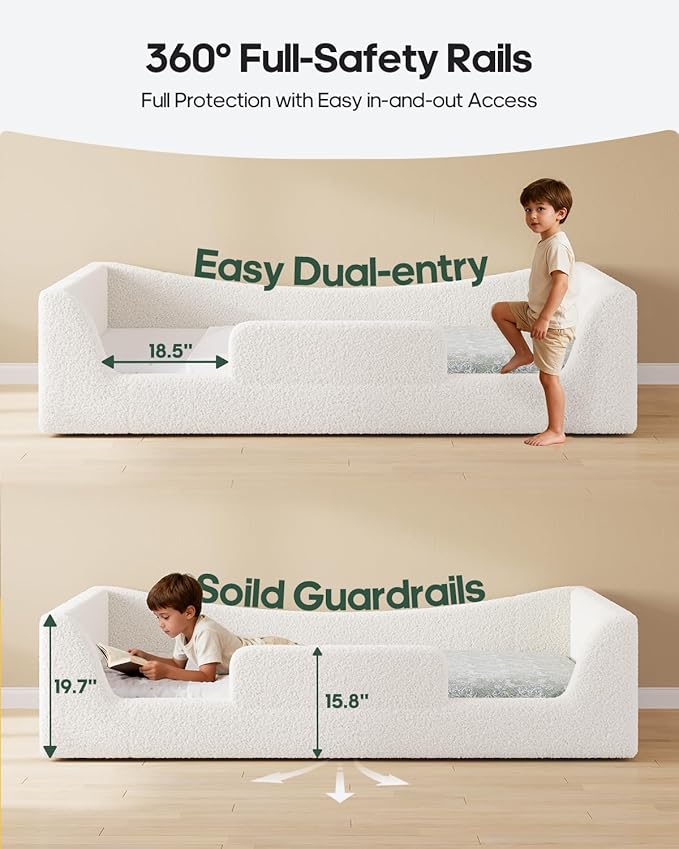 Full Floor Bed, Low Montessori 2-in-1 Convertible Beds, with Slats and High Rails, Upholstered Teddy Boucle, Curve Round Frame for Girls and Boys, No Box Spring Needed, Easy Assemble, Beige
