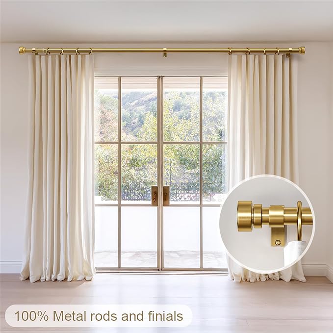 Gold Curtain Rods for Windows 28 to 48 Adjustable Modern Curtain Rod 1 inch Diameter Heavy Duty with Solid Metal Finials for Living Room Bedroom Farmhouse Outdoor Patio