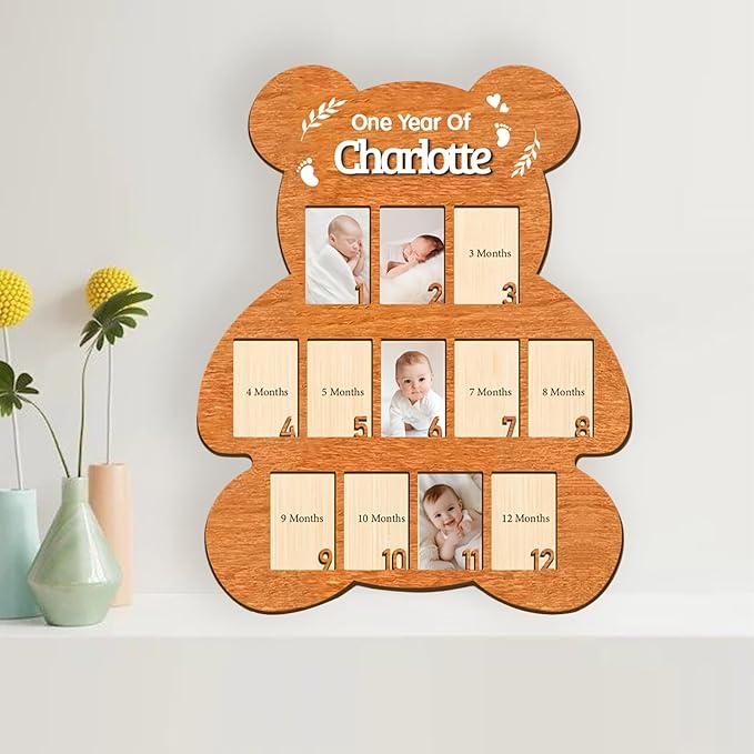 My First Year Picture Frame – One Year of Baby Photo Board with 12 Months Pictures, Wooden First Year Frame for Newborn Milestone Memories, Wall Art Nursery Décor