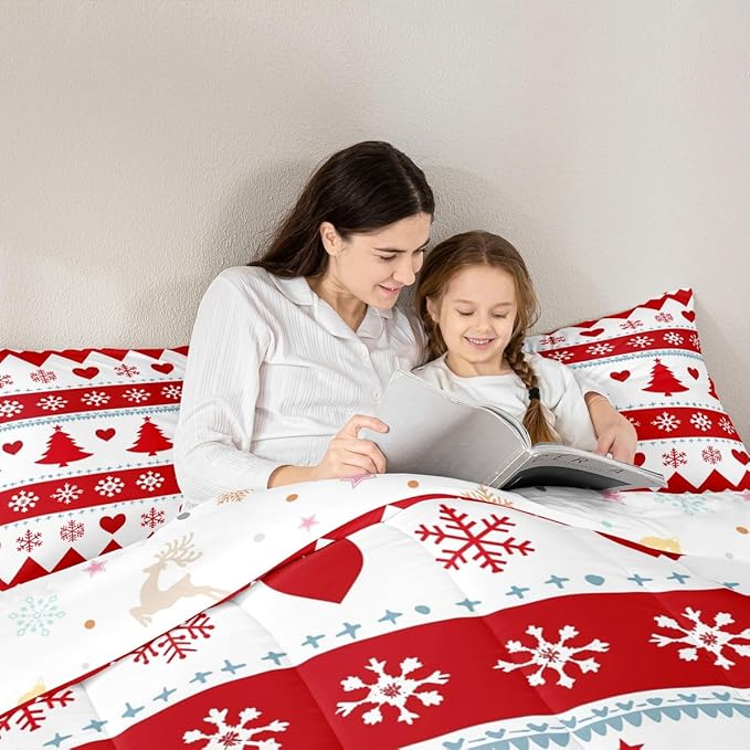 Feelyou Christmas Comforter Set Twin Size Xmas Tree Bedding Set for Kids Boys Girls Snowflake Heart Duvet Quilt Geometric Bedroom Decor Microfiber 2 Pcs with 1 Pillow Cases