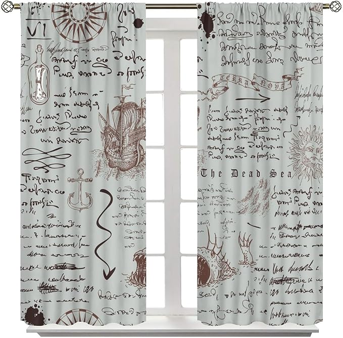 Nautical Theme Window Draperies, Pirate Sailboat Curtains for Bedroom & Living Room, Ocean Window Treatment - Starfish Print, 42x45 Inches, 2 Panels